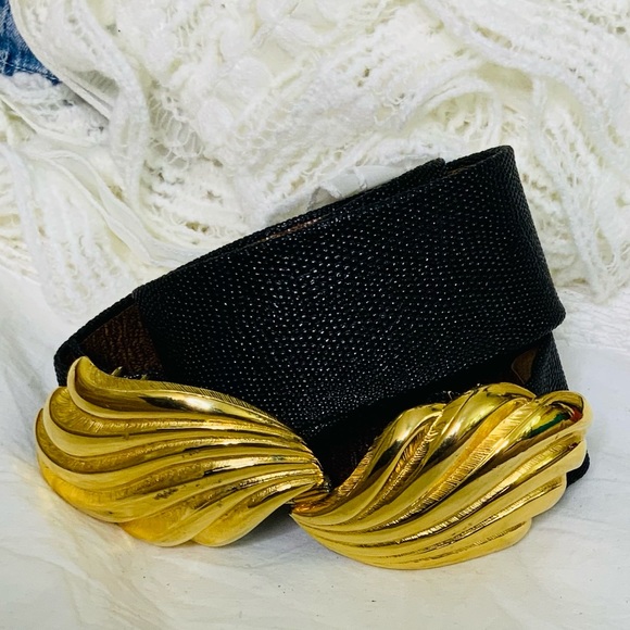 Black Brown Leather Reversible Belt Bold Gold Leaf Buckle main image 5